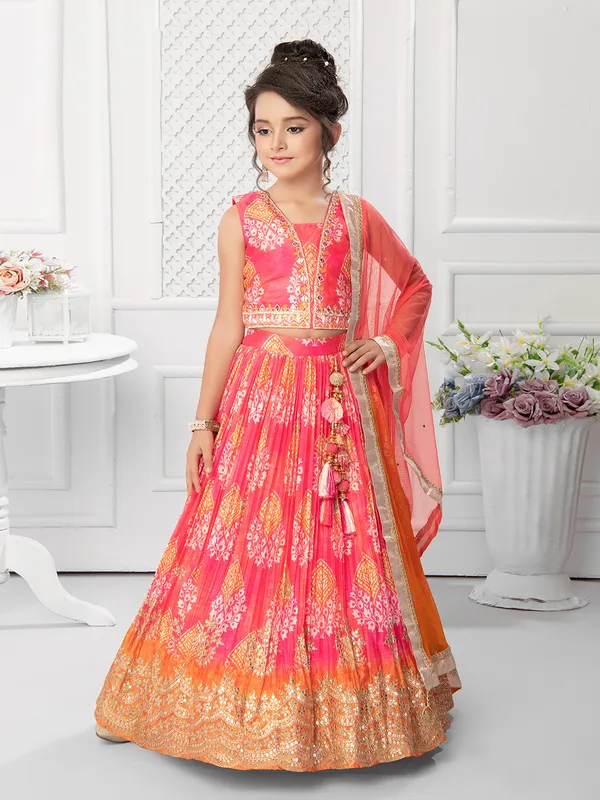 Printed red lehnega choli in silk