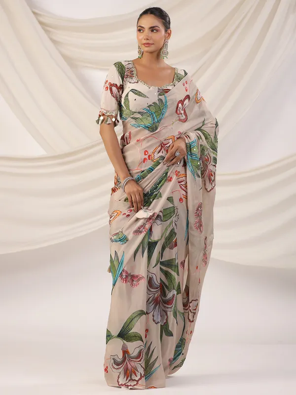 Printed satin silk beige saree