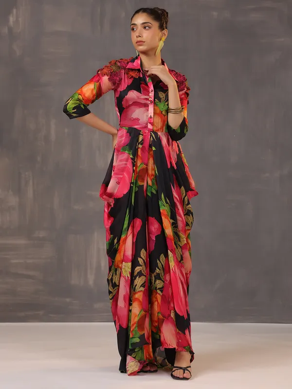Printed silk black and pink western style designer suit