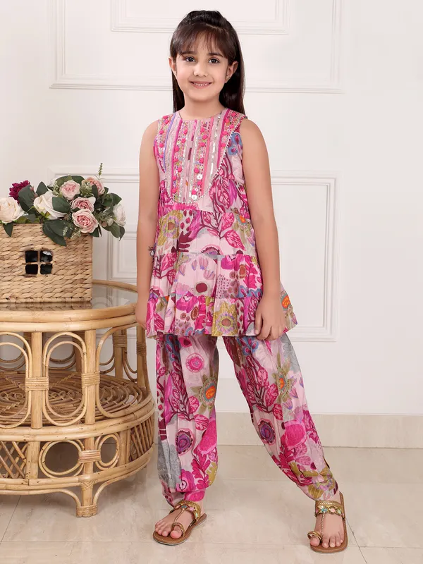 Printed silk co-ord set in pink colour