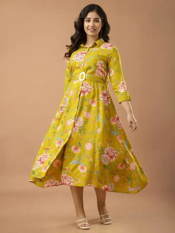 Printed silk kurti in mehendi yellow