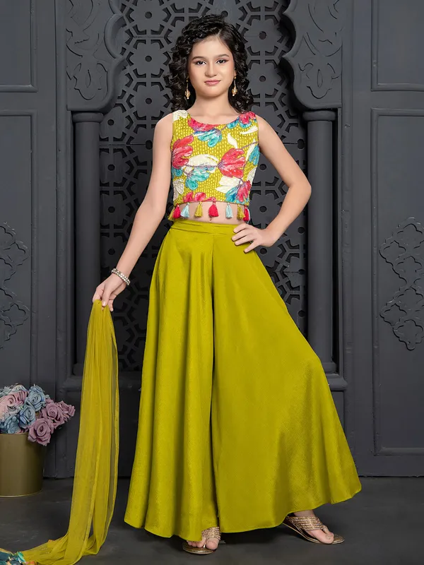 Printed silk mehendi yellow palazzo salwar suit