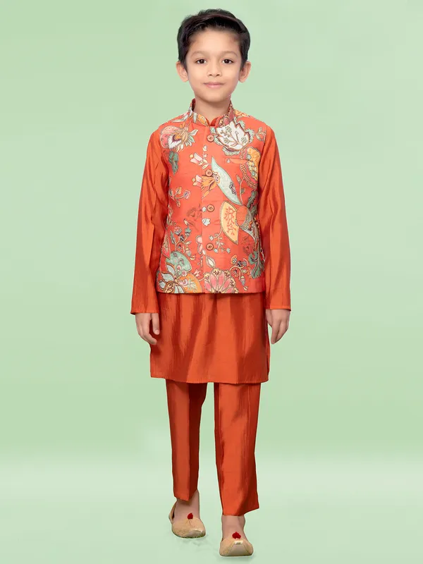 Printed silk orange waistcoat set for boys