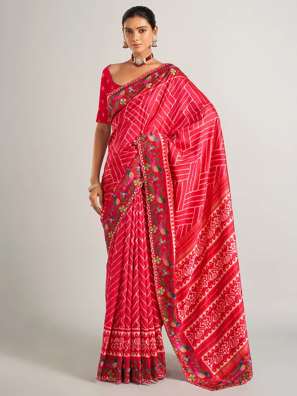 Printed silk red saree with resham work
