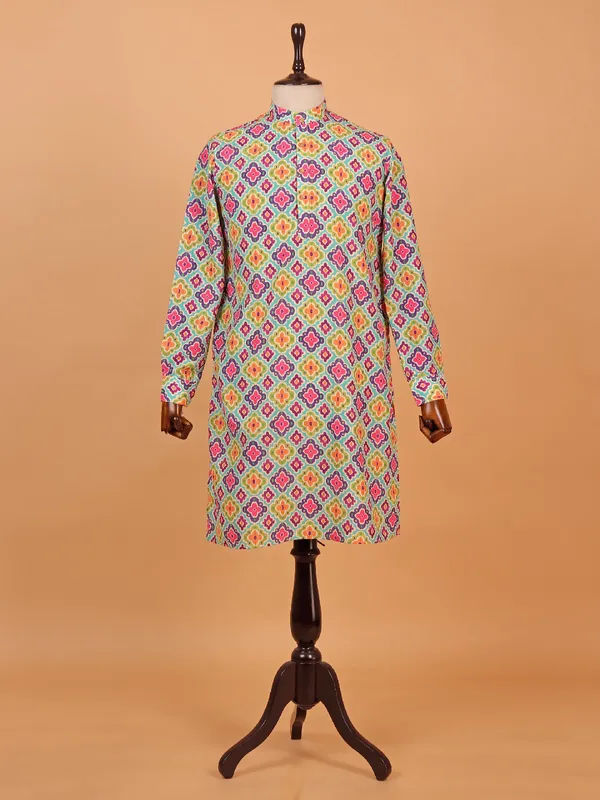Printed sky blue cotton silk kurta set for men