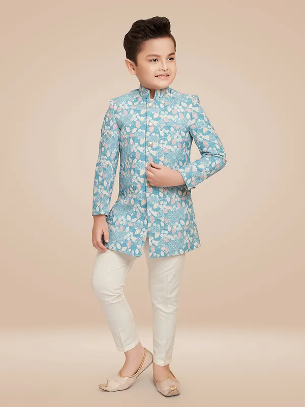 Printed sky blue silk indowestern