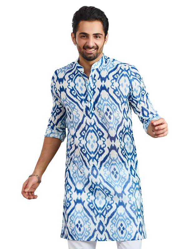 Printed white and blue festive kurta