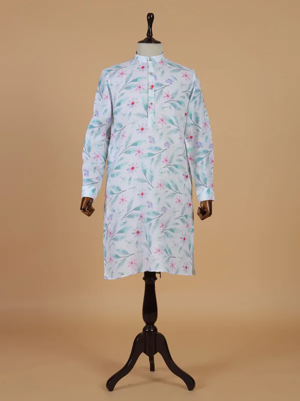Printed white cotton kurta set with multicolor prints