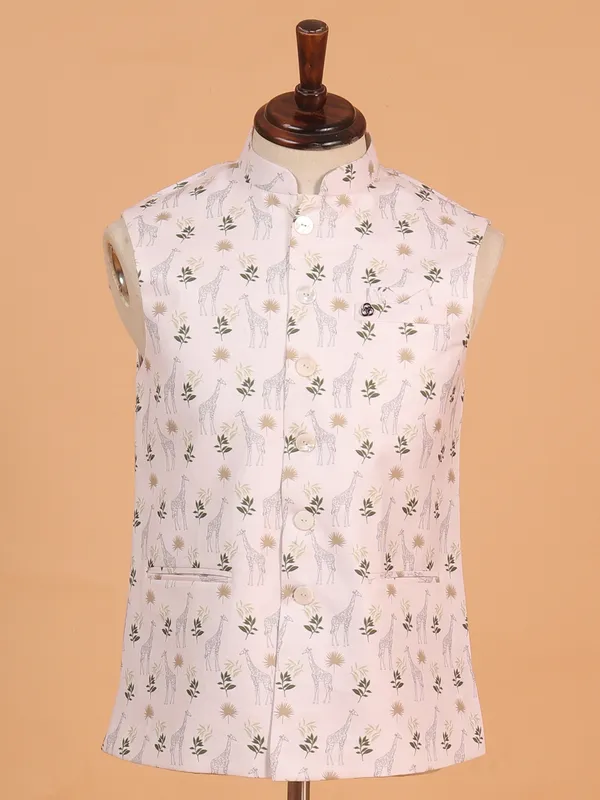 Printed white cotton silk wedding wear waistcoat for men