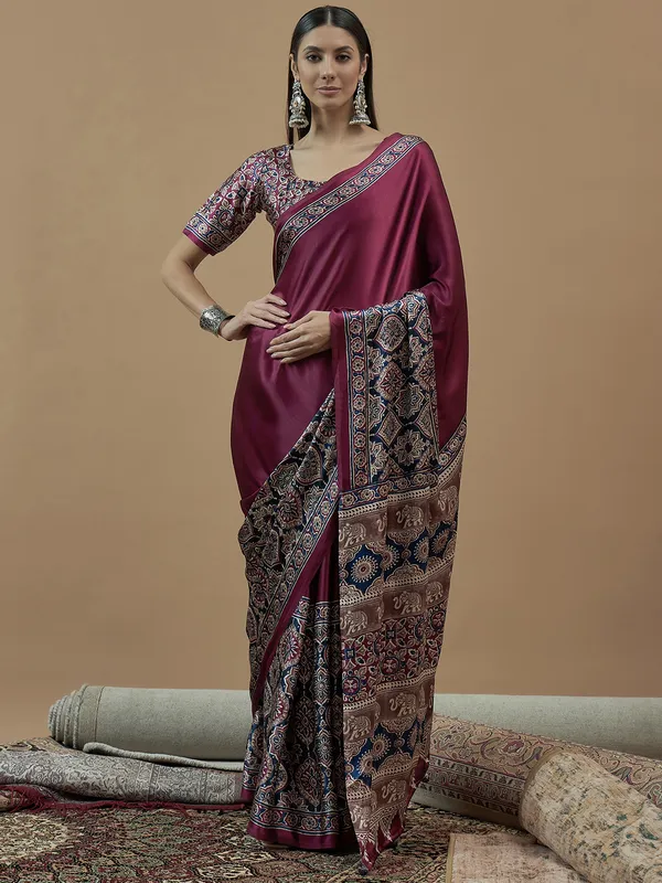 Printed wine japan satin saree