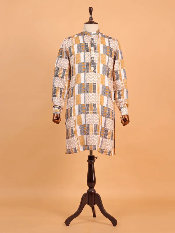 Printed yellow cotton kurta suit for men