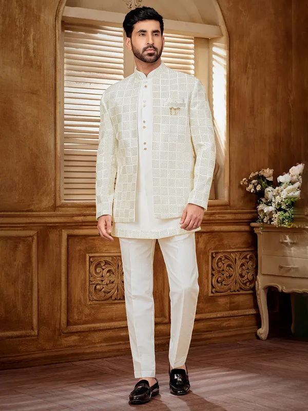 Pure white raw silk indowestern in fine cotton silk for men