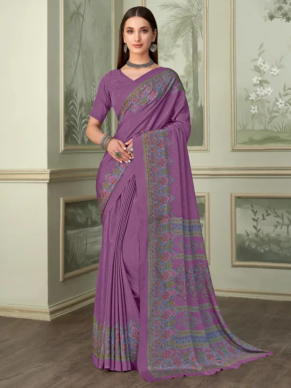Purple crepe saree with printed border