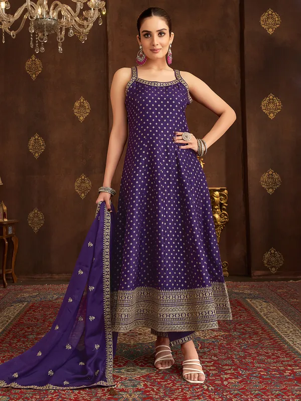 Purple anarkali suit in silk for wedding wear