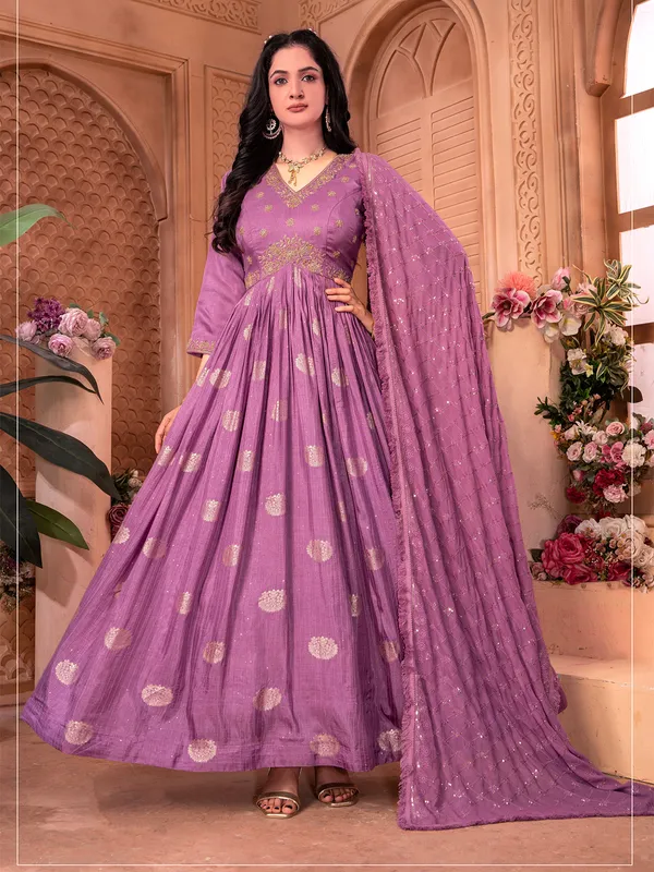 Purple anarkali suit with lucknowi dupatta