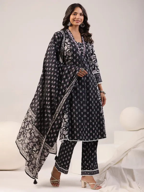 Purple and black casual printed cotton kurti set