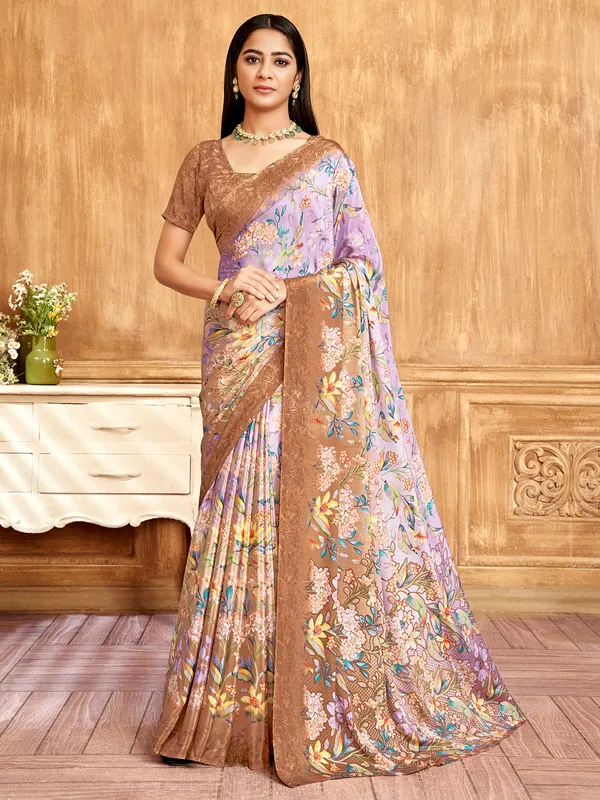 Purple crepe saree with brown blouse