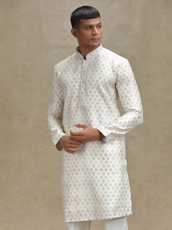 Purple and cream kurta pajama set in zari