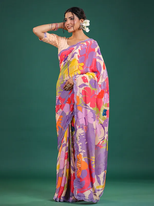 Purple and cream muslin silk printed saree