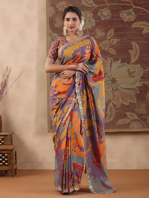 Purple and orange printed muslin silk saree