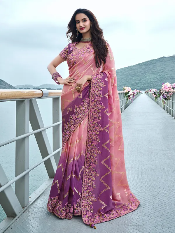 Purple and pink tissue silk saree