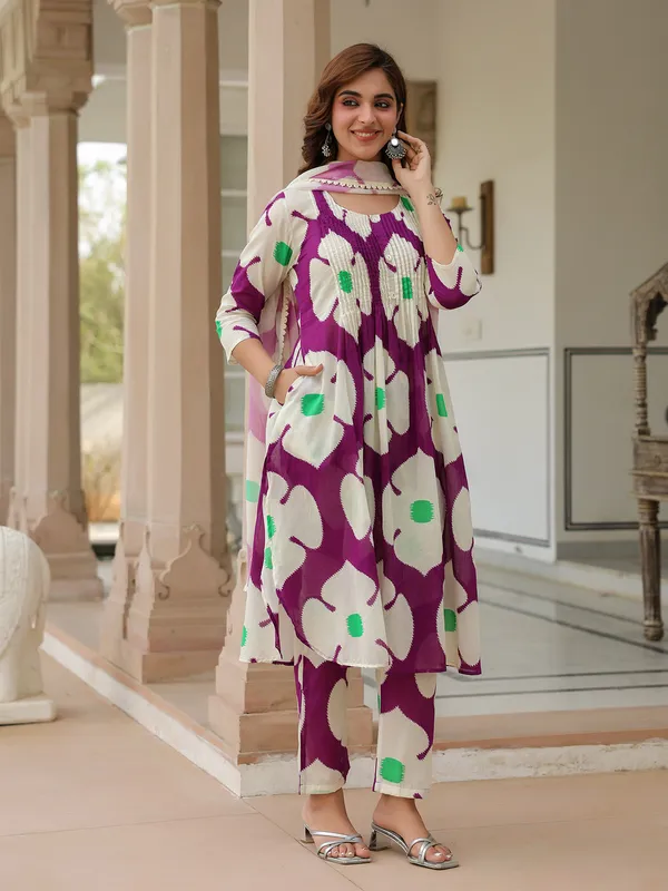 Purple and white cotton printed kurti set