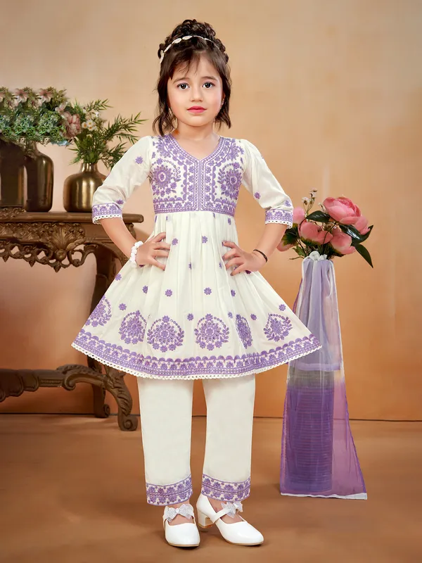 Purple and white cotton silk salwar suit with V neck