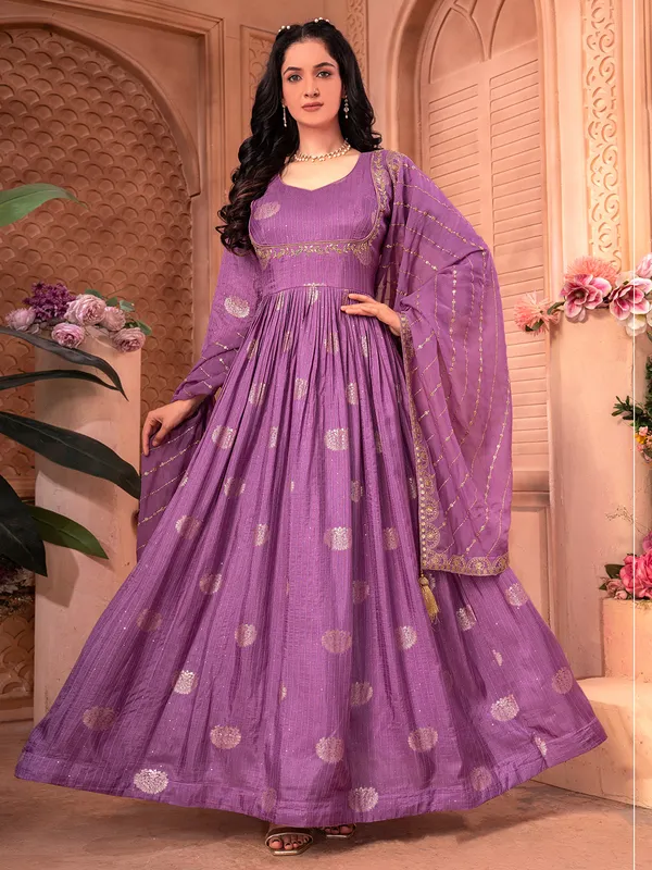 Purple banarasi silk anarkali suit for wedding