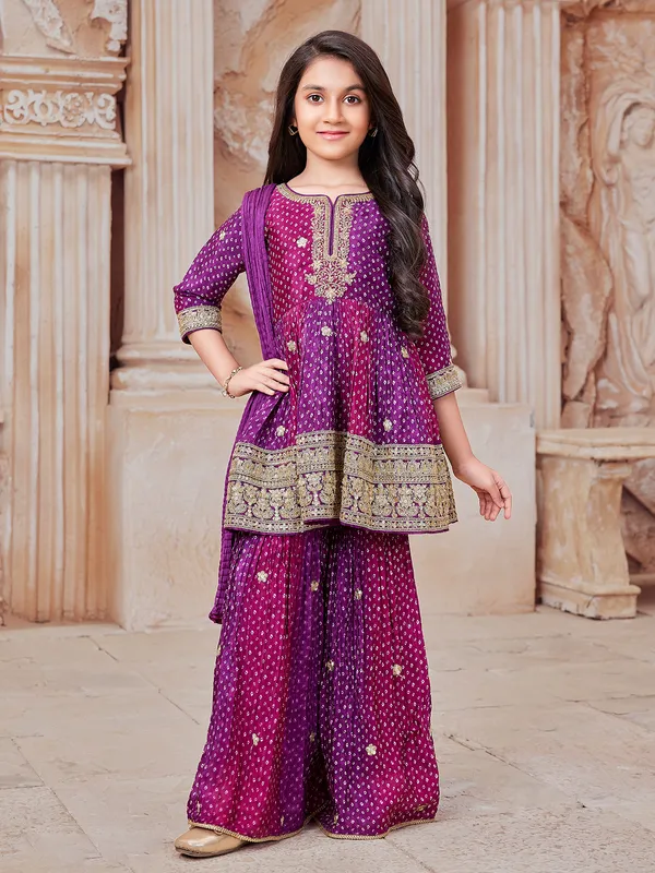Purple bandhej printed sharara suit with cutdana and zardosi