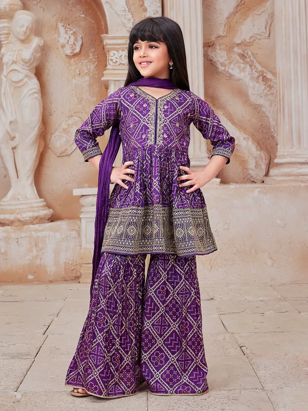 Purple bandhej printed silk sharara suit with dupatta
