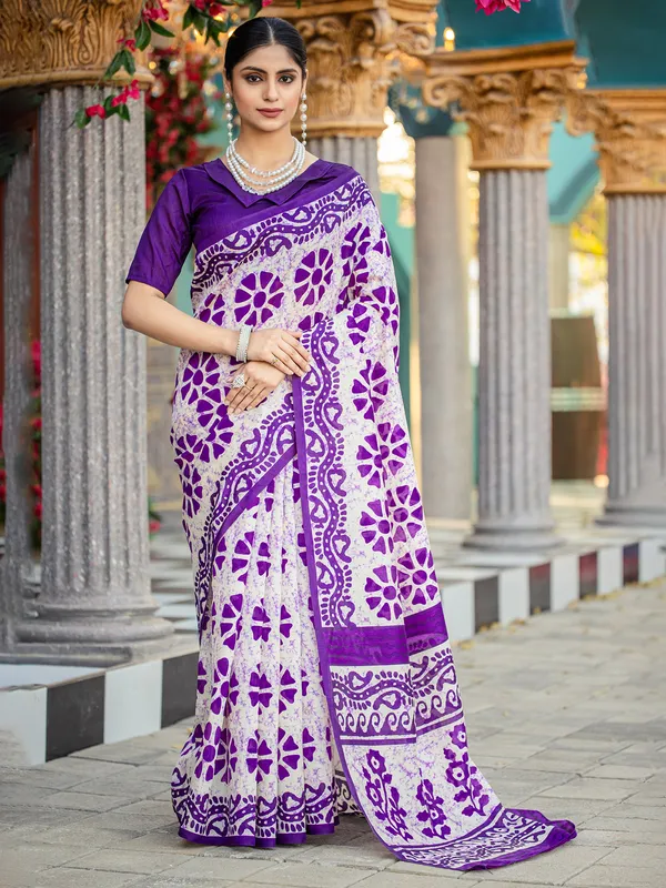 Purple bhagalpuri silk saree with printed