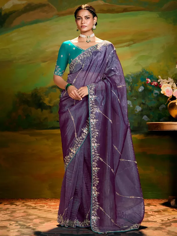 Purple chiffon saree with sequins work