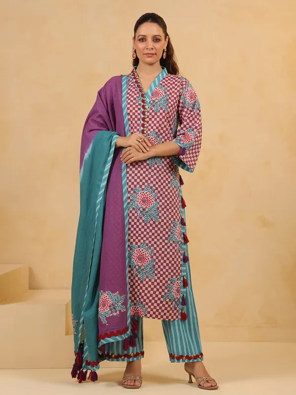 Purple coin work kurti set in silk