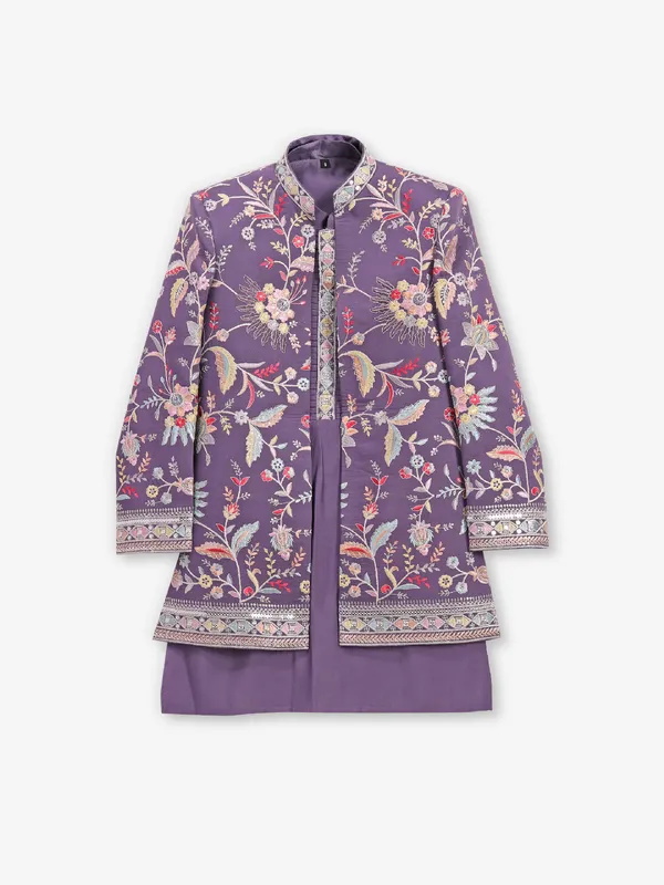 Purple cotton indowestern with embroidery