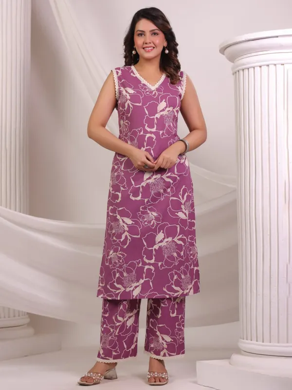 Purple cotton kurti set with print