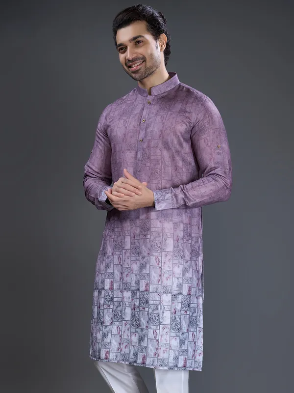 Purple cotton printed kurta pajama for mens