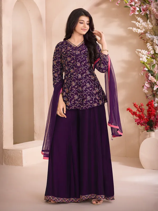 Purple cotton silk festive palazzo salwar suit ensemble