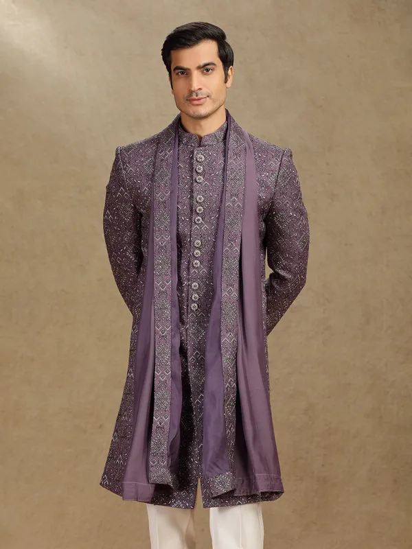 Purple cotton silk indo western with dupatta