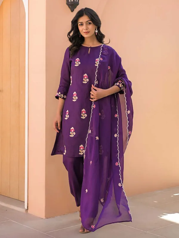 Purple cotton silk kurti set for women