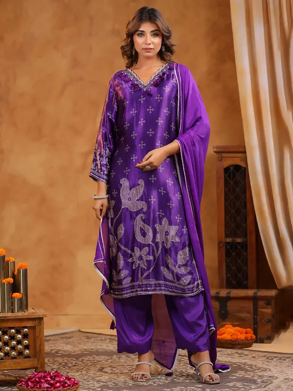 Purple cotton silk kurti set with print