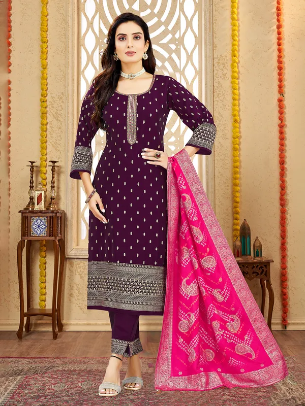 Purple cotton silk salwar suit with zari finish