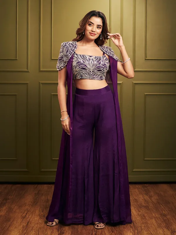 Purple designer palazzo suit in silk