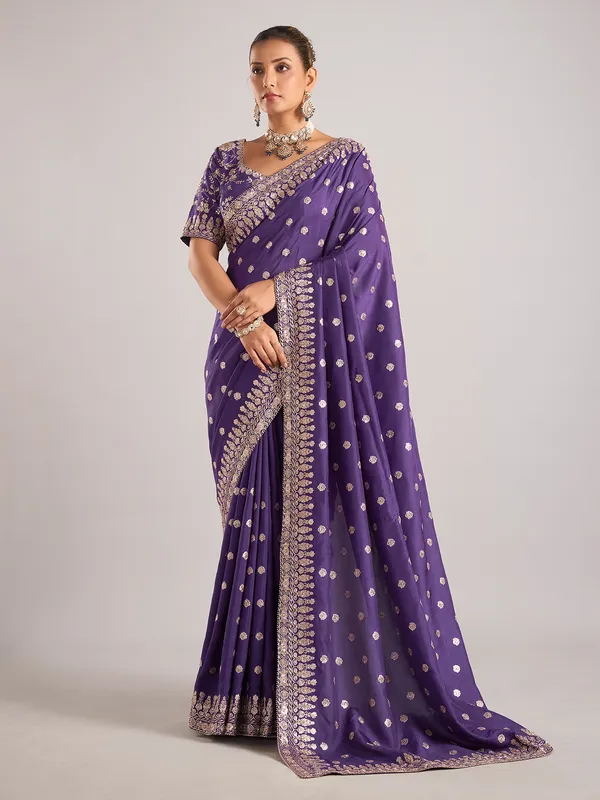 Purple dola silk saree with resham and zardosi work