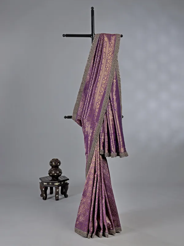 Purple dola silk unstitched saree with zardosi sparkle