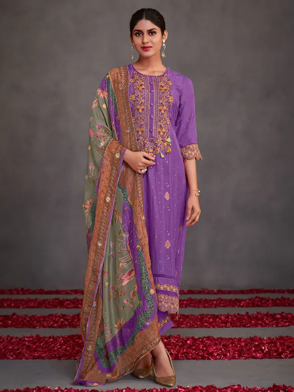 Purple embroidered muslin silk salwar suit