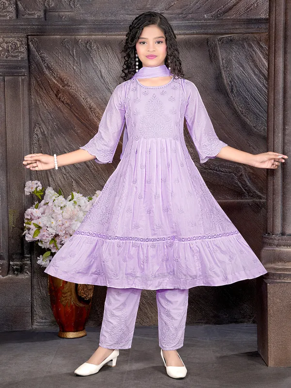 Purple embroidered pant salwar suit with quarter sleeves