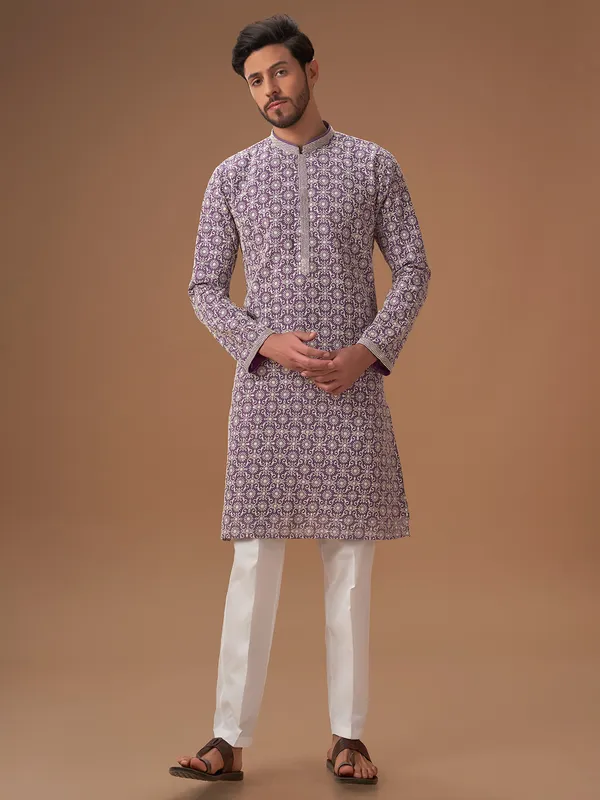 Purple embroidery festive kurta suit