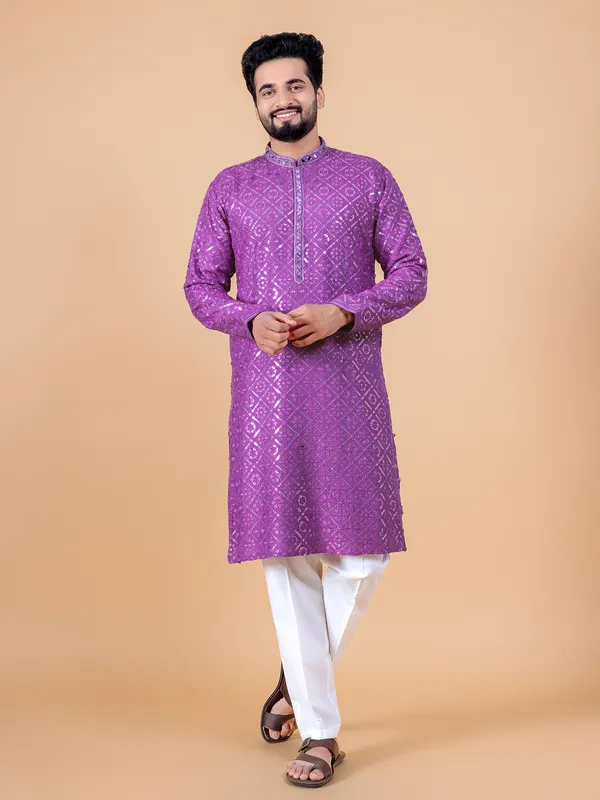 Purple embroidery kurta suit for festive