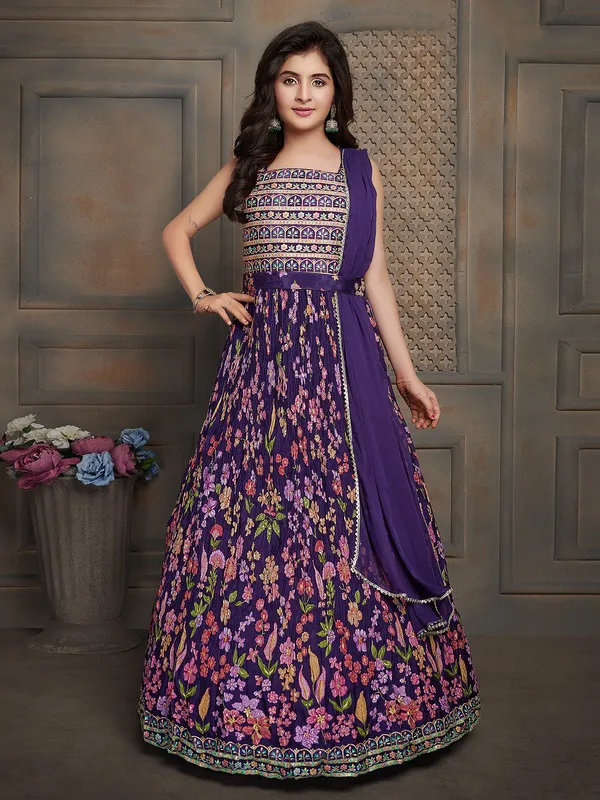 Purple floral printed anarkali suit