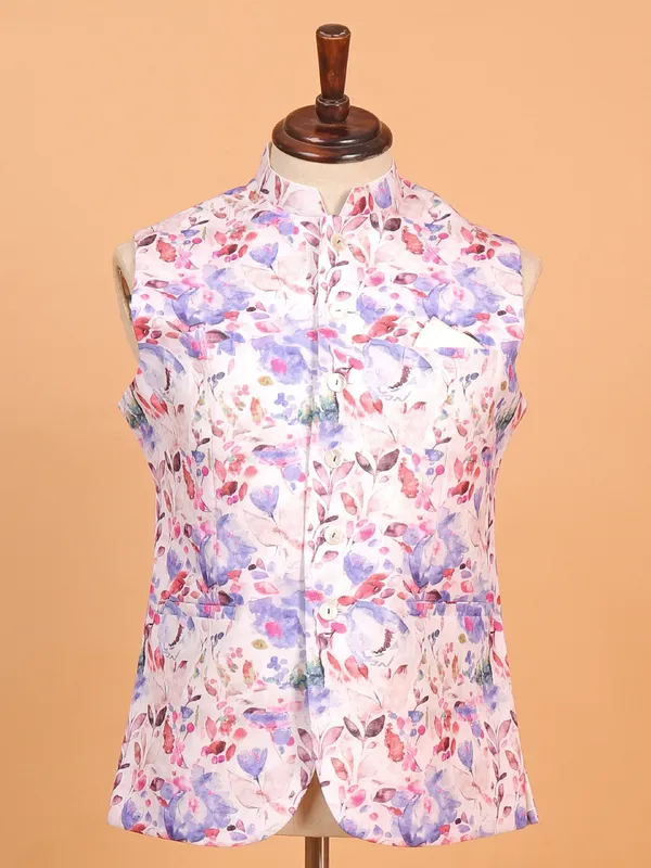 Purple floral printed waist coat for men